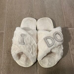 Fuzzy White 'I DO' Slippers